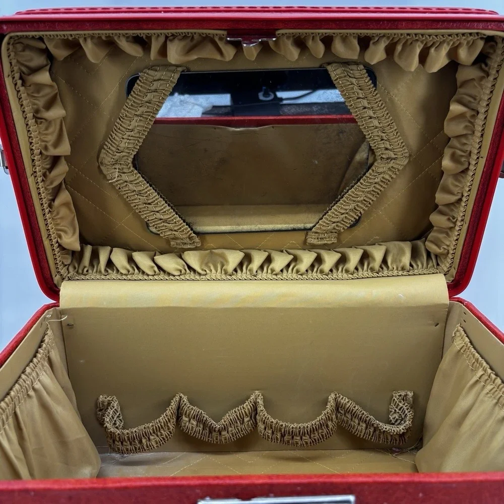 Red Orange Train Vanity Case Vintage Luggage Sesame Lined Combination Lock